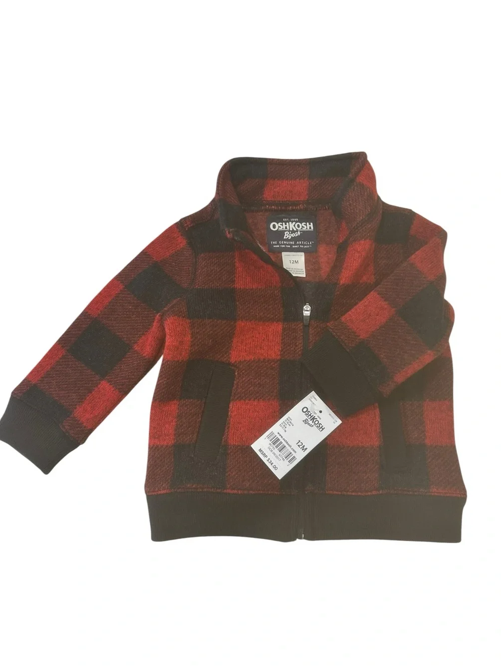 OshKosh B’gosh Baby Boy 12M Buffalo Plaid Fleece Full Zip Jacket Red Black cabin